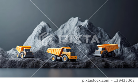 Three toy trucks are on a mountain 129425302
