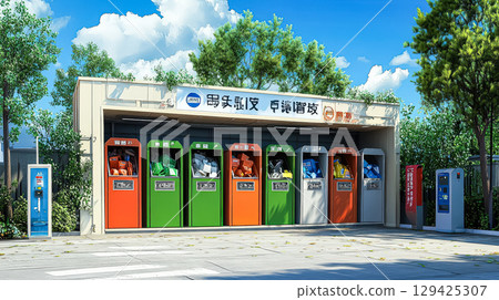 Row of trash cans are lined up in front of a building 129425307