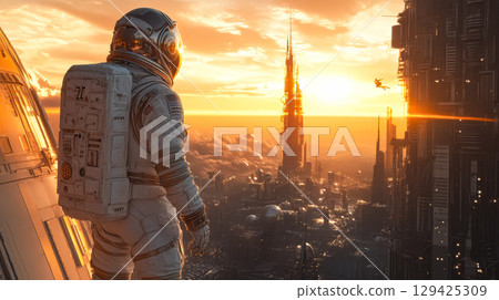Man in a white spacesuit stands on the edge of a building looking out over a c 129425309
