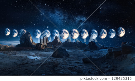 Series of moon images are shown in a row, with the first one being a full moon 129425315