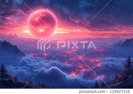 Beautiful, colorful sky with a large red and pink moon 129425316