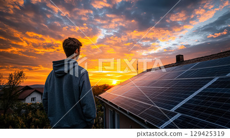 Man stands on a roof looking out at the sunset 129425319
