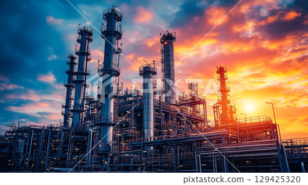 Large industrial plant with many tall towers 129425320