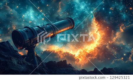 Telescope is pointed at the sky, which is filled with stars and clouds 129425321