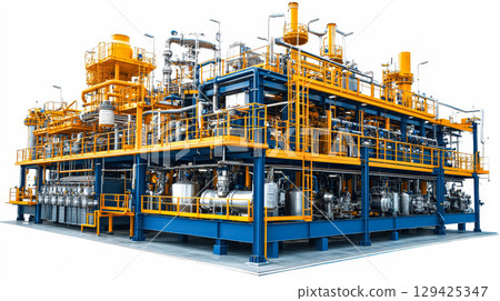 Large industrial plant with yellow and blue pipes Large industrial plant with yellow and blue pipes 129425347