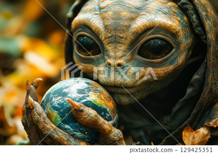 Small alien holding a ball in its hand 129425351