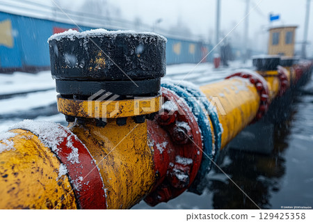Yellow pipe with a black cap is covered in snow 129425358
