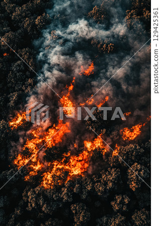 Fire is burning in a forest, with smoke and flames rising into the sky Fire is burning in a forest, with smoke and flames rising into the sky 129425361