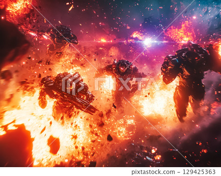 Group of soldiers are running through a fiery battlefield Group of soldiers are running through a fiery battlefield 129425363