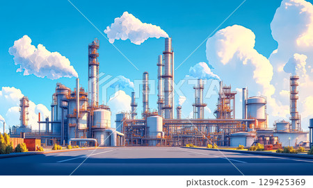 Large industrial plant with a lot of smokestacks 129425369