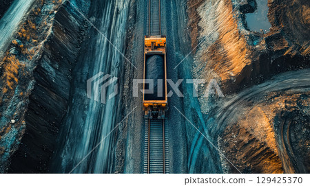 Train is traveling down a track with a large black container on the front 129425370