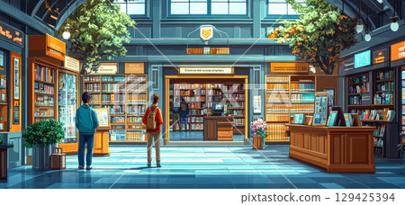 Man and a woman are standing in a large library 129425394
