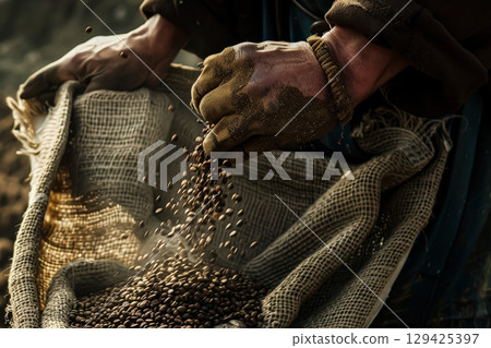 Person is holding a bag of coffee beans and pouring them out 129425397