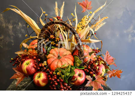 Basket of fall fruits and vegetables, including apples and pumpkins Basket of fall fruits and vegetables, including apples and pumpkins 129425437