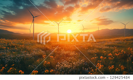 Field of wind turbines with a beautiful sunset in the background 129425484