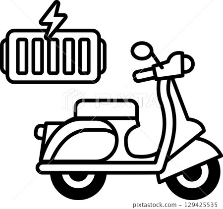 A black and white drawing of a scooter with a battery on it 129425535
