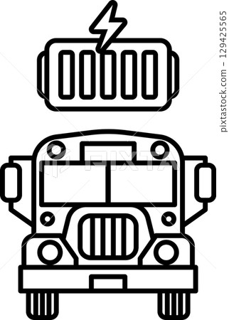 A black and white drawing of a bus with a battery on the side A black and white drawing of a bus with a battery on the side 129425565