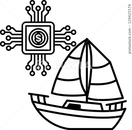 A black and white drawing of a boat with a dollar sign on it 129425574