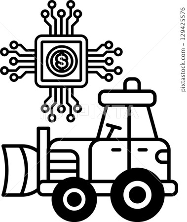 A black and white drawing of a tractor with a dollar sign on it 129425576