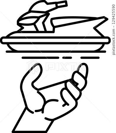 A hand is holding a plate with a plate of food on top of a boat 129425590