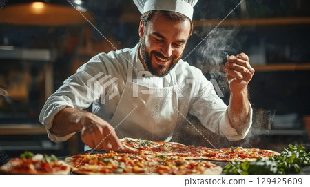 Professional chef in a pizzeria making pizza 129425609