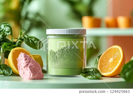 Jar of green powder is on a table with a few oranges and spinach 129425663