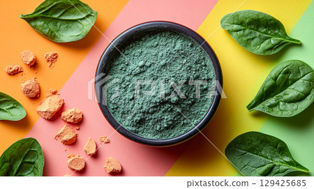 Bowl of green powder is on a table with a bunch of spinach leaves 129425685