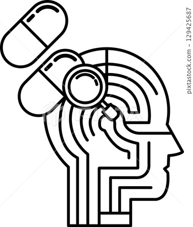 A pill is shown on a head with a maze on the side A pill is shown on a head with a maze on the side 129425687