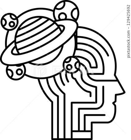A black and white drawing of a brain with a planet on top of it A black and white drawing of a brain with a planet on top of it 129425692