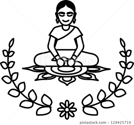 A woman is sitting on a mat with a flower in her lap 129425719
