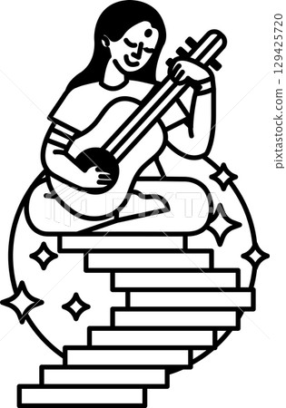 A woman is playing a guitar on a step 129425720