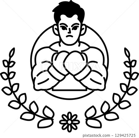 A man with a boxing glove on his left hand and a fist on his right hand A man with a boxing glove on his left hand and a fist on his right hand 129425725