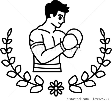 A man is holding a boxing glove in a ring with a leafy border 129425727
