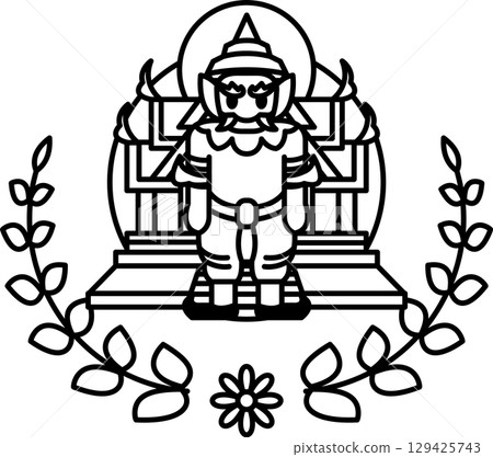 A man in a costume stands in front of a building A man in a costume stands in front of a building 129425743