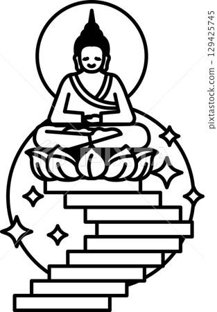 A black and white drawing of a man sitting on a lotus flower 129425745