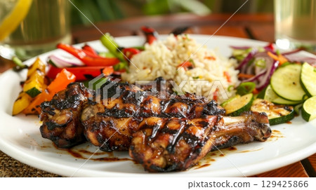 Succulent Grilled Chicken, expertly garnished with Fresh Citrus and Aromatic Herbs, Artfully Presented on a Plate Succulent Grilled Chicken, expertly garnished with Fresh Citrus and Aromatic Herbs, Artfully Presented on a Plate 129425866