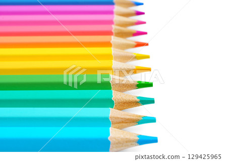 Colorful wooden pencils arranged in row, isolated on white background with copy space Colorful wooden pencils arranged in row, isolated on white background with copy space 129425965