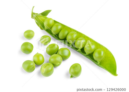 Open pea pod with green peas isolated on white background, healthy vegetables for diet and recipes Open pea pod with green peas isolated on white background, healthy vegetables for diet and recipes 129426000