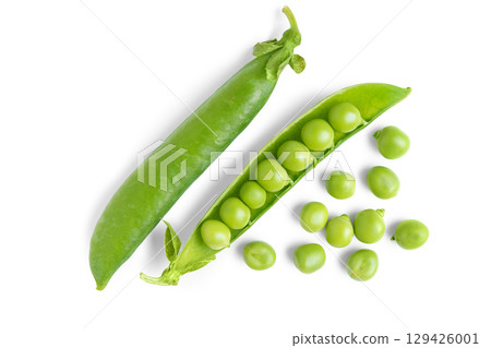 Open pea pod with green peas isolated on white background, healthy vegetables for diet and recipes 129426001