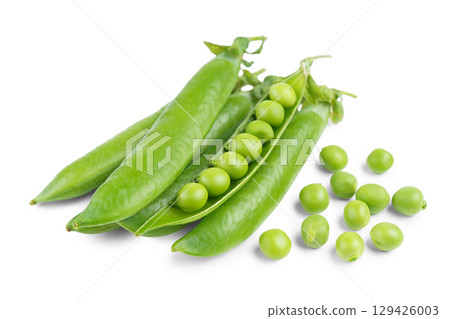 Open pea pod with green peas isolated on white background, healthy vegetables for diet and recipes Open pea pod with green peas isolated on white background, healthy vegetables for diet and recipes 129426003