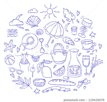 Dolce vita. Mediterranean blue summer doodle set. Hand drawn vintage aesthetics hand drawing. Isolated Outline beach drawn, accessories, Food and drinks. Vector illustration. Not AI 129426076
