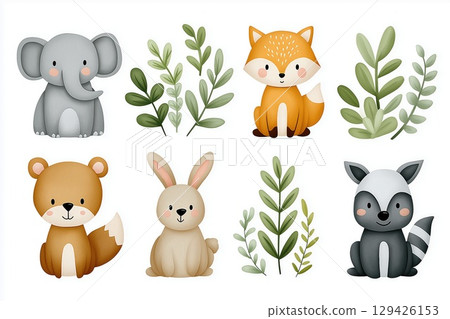 Adorable woodland animals and plants watercolor illustration set 129426153