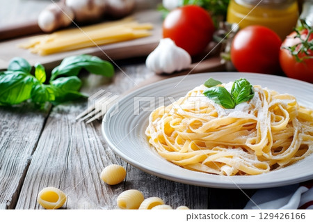 Delicious italian pasta dish with fresh ingredients Delicious italian pasta dish with fresh ingredients 129426166