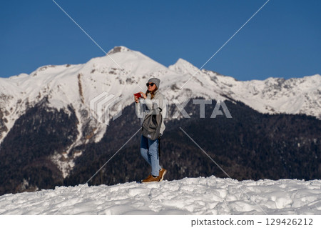 Woman Mountains Winter: Snowcapped Alpine Peak Selfie, Sunny Day Hike 129426212