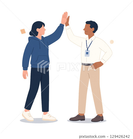 Two members of the development team high-fiving a colleague Two members of the development team high-fiving a colleague 129426242