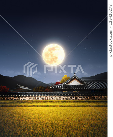 Korean traditional holiday Chuseok banner background, a bountiful Chuseok thank you card background with an autumn full moon, a hanok tile-roofed house, and ears of rice. Korean traditional holiday Chuseok banner background, a bountiful Chuseok thank you card background with an autumn full moon, a hanok tile-roofed house, and ears of rice. 129426278