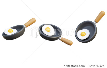 Cartoon Style frying pan with fried egg 3D graphic Cartoon Style frying pan with fried egg 3D graphic 129426324