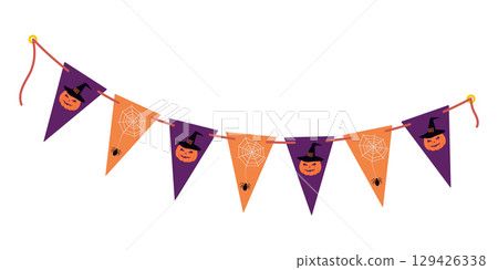 Halloween Holiday Festive bunting on rope with Pumpkin and cobweb in trendy purple and orange Design 129426338