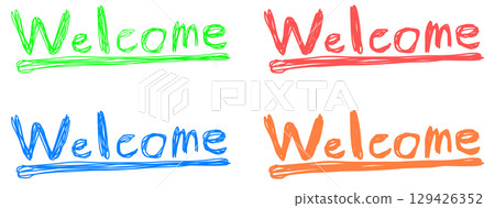 Welcome written in English in a hand-drawn style. 129426352