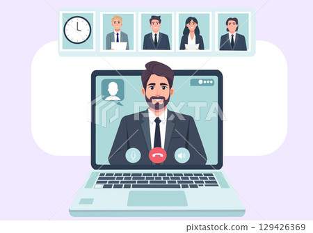 Flat illustration showing online meeting (video conference) via laptop. Flat illustration showing online meeting (video conference) via laptop. 129426369